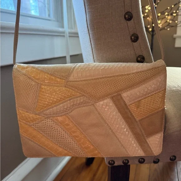 🐍 Vintage Varon Snakeskin Leather Beige and yellow Patchwork Women's Bag - Picture 10 of 14